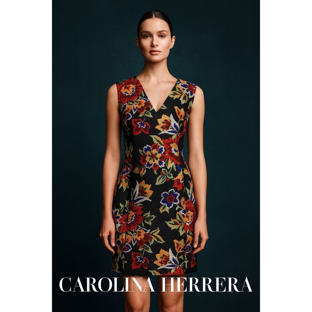 $1,390 Carolina Herrera Floral Jacquard V-Neck Shift Dress L